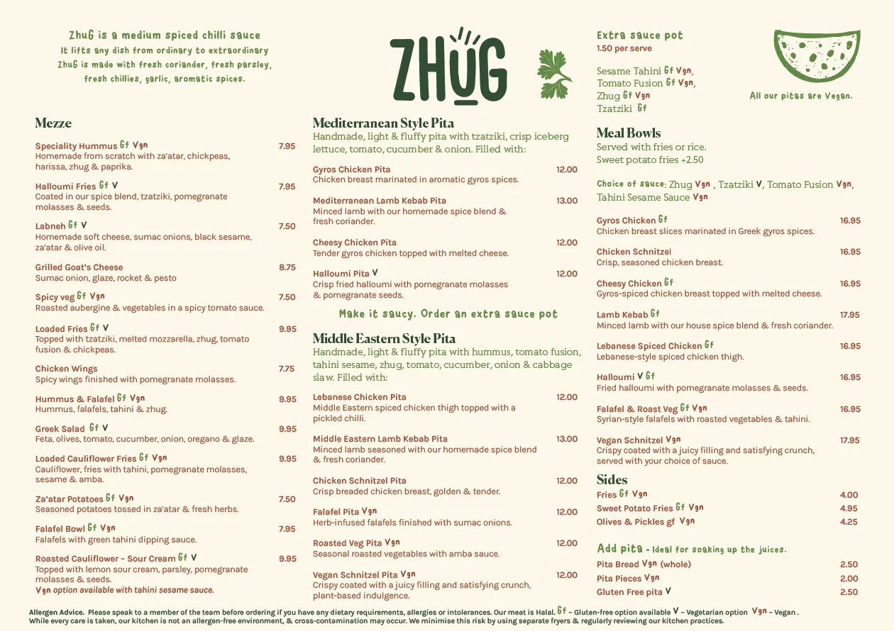 The ZHUG menu card: mezze including speciality hummus and halloumi fries, Mediterranean and Middle Eastern pitas, meal bowls, sides and pita, with prices.