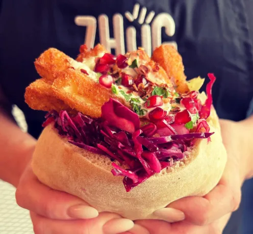 ZHUG loaded pita with halloumi fries, red cabbage and pomegranate