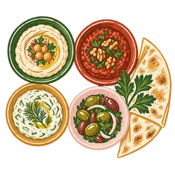 Block-print illustration of mezze bowls for sharing